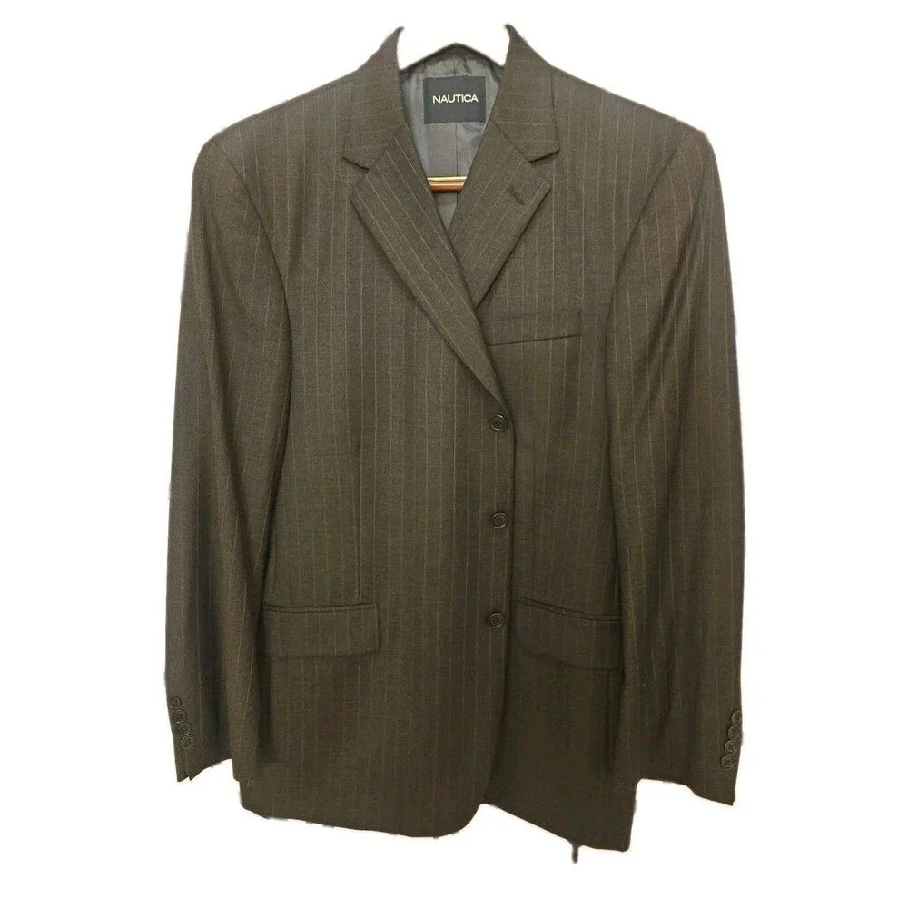 Nautica Men's Gray Pinstripe 2 Piece Suit 44R W38 100% Wool Flat Front 32 Inseam